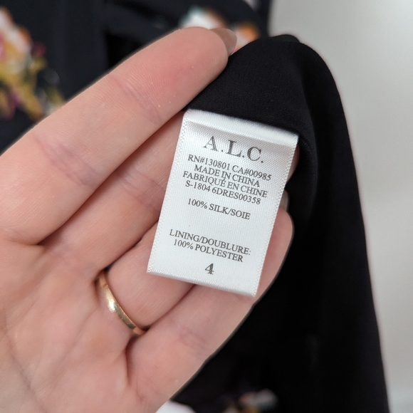 ALC Black Yellow Pink Floral Silk Lucia Off The Shoulder Asymmetrical Mini Dress - Picture 4 of 6